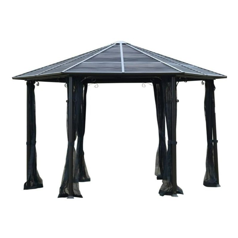 Hardtop-Hexagonal-Gazebo-Canopy-with-Steel-Roof-Heavy-Duty-Aluminum-Alloy-Frame-Ventilating-1 A 13 ft hardtop hexagonal gazebo canopy featuring a black aluminum alloy frame, a sloped steel roof, and mesh sidewalls draped from each corner. The structure is open on all sides, with curtains tied neatly to the posts.