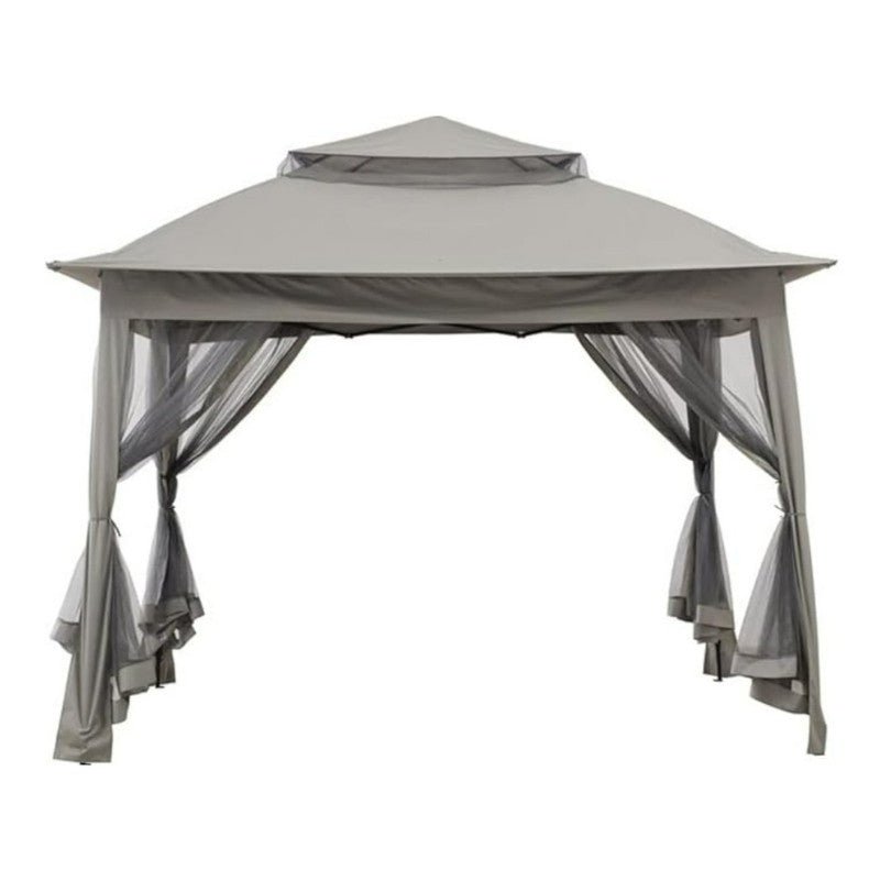 Outdoor-Pops-Up-Gazebo-Party-Pergola-with-Sheer-Mesh-Panel-Curtains-1 A 10.8 ft Pop-Up Gazebo Party Tent with a double-tiered roof and sheer mesh curtains tied to the four corner posts. This portable outdoor canopy is open on all sides, offering a shaded space underneath.