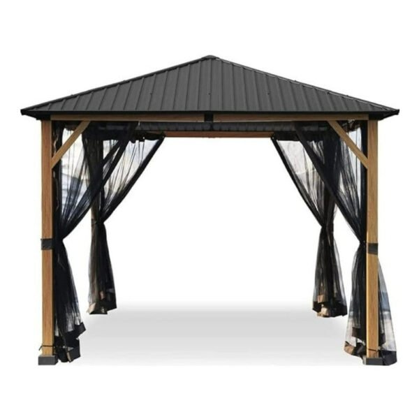 A 10 ft x 10 ft Wood Grain Outdoor Patio Gazebo with a black metal roof and sheer black curtains tied to each corner, standing on a white background.