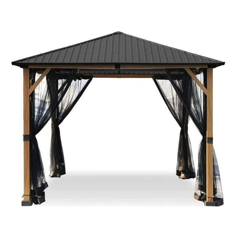 Wood-Grain-Outdoor-Patio-Gazebo-with-Metal-Roof-1 A 10 ft x 10 ft Wood Grain Outdoor Patio Gazebo with a black metal roof and sheer black curtains tied to each corner, standing on a white background.