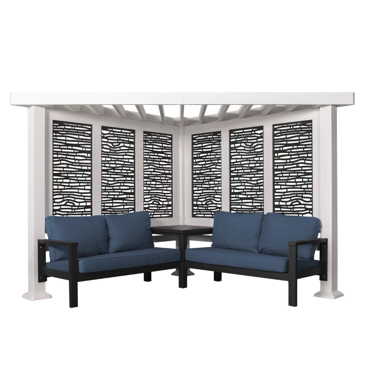 dalinex-product-3-image-1-1 A Backyard Discovery Ridgedale Traditional Pergola with Built-in Conversation Seating creates an inviting outdoor retreat, sheltering two sofas with blue cushions and a matching corner table.