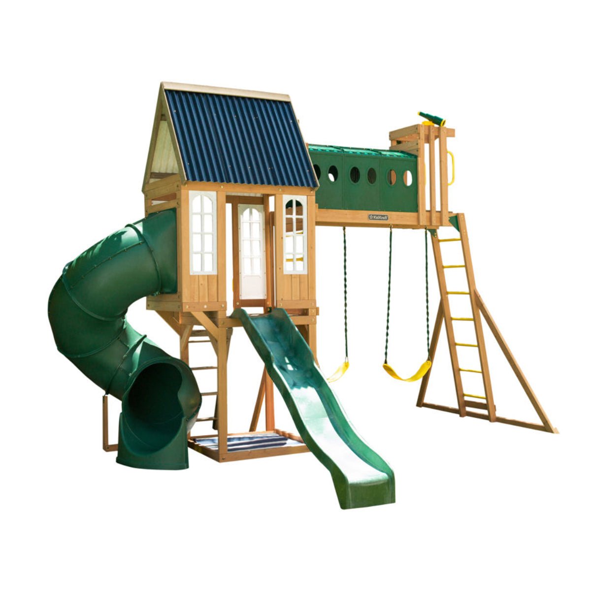 dalinex-product-51-image-1 The KidKraft Skyway Resort Wooden Swing Set includes a wooden playhouse with a blue roof, tube slide, wavy slide, swings, climbing ladder, and monkey bars, displayed on a white background.