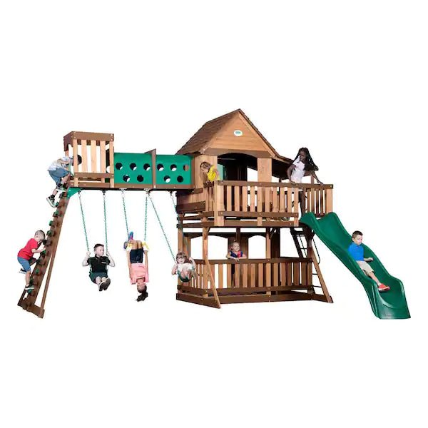 dalinex-product-59-image-1 Several children are playing and having fun on the Backyard Discovery Woodridge Elite Swing Set, which features a slide, swings, climbing wall, and clubhouse.